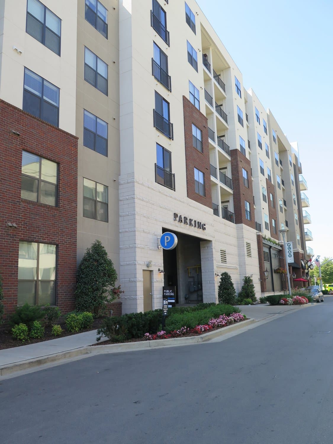 Parking deck of apartment complex and shopping area
