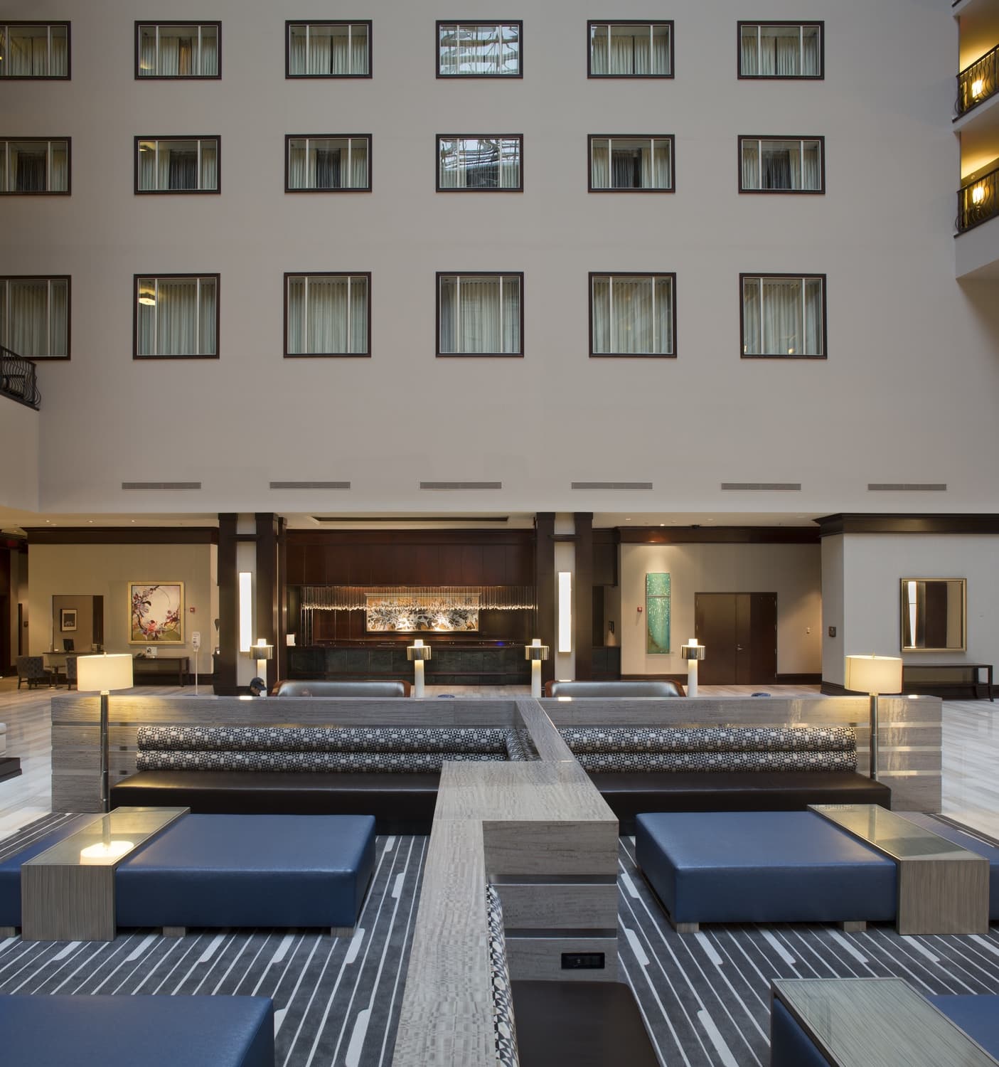 Hotel front desk and lobby.