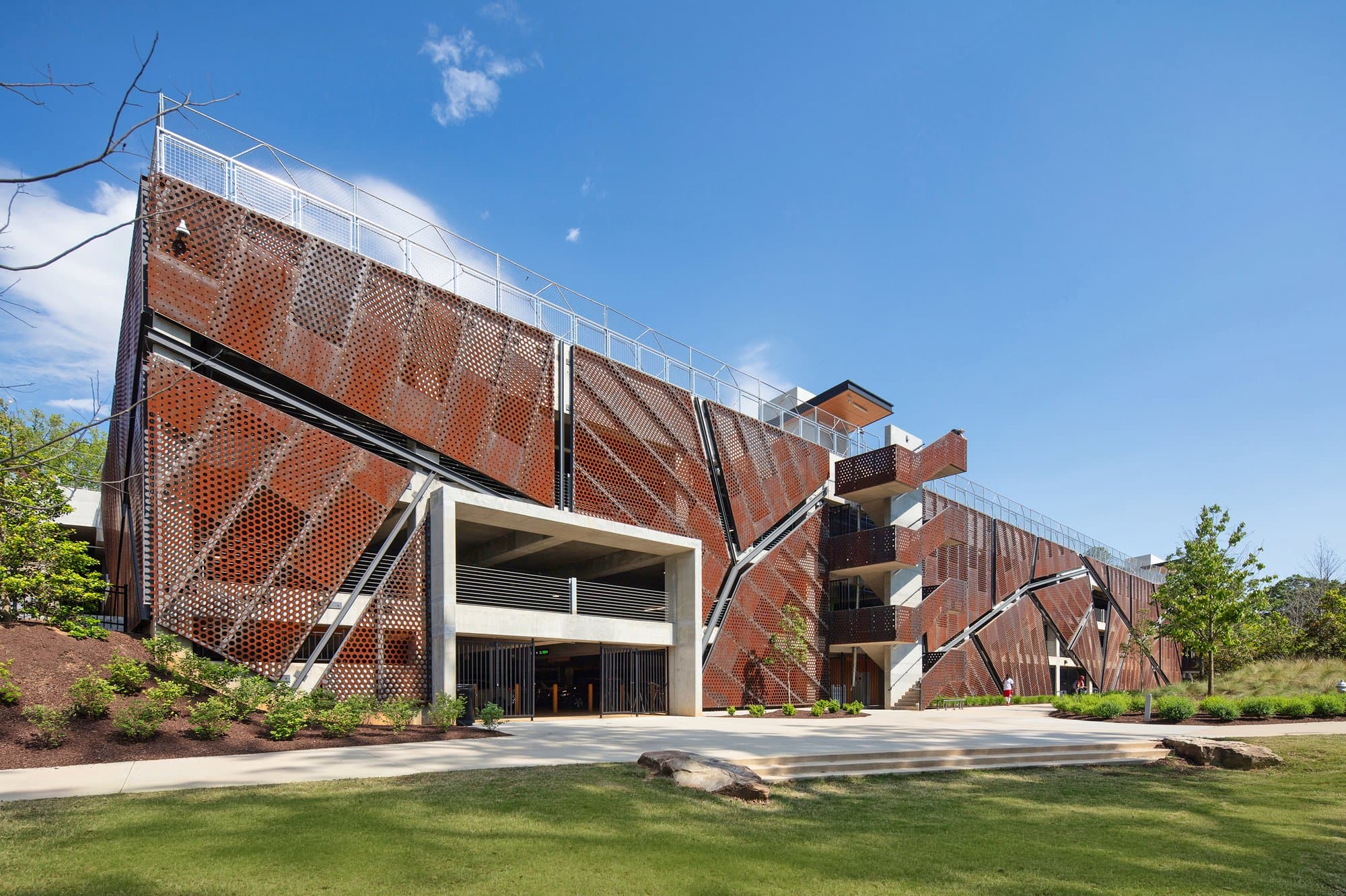 Exterior angled photo of parking deck entrance.